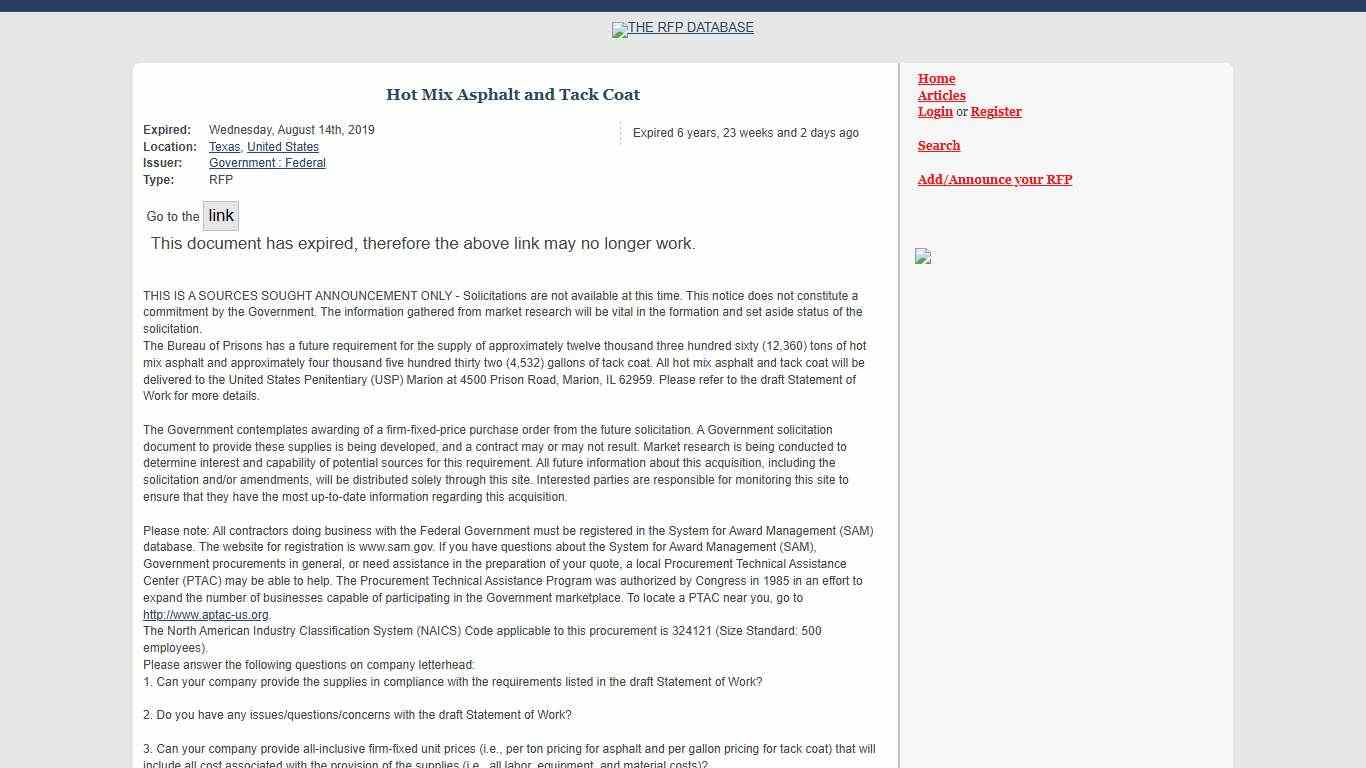 RFP : Hot Mix Asphalt and Tack Coat in Texas, United States